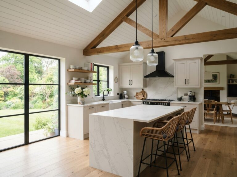 Modern kitchen with a vaulted ceiling, wood beams, quartz island, and bright natural lighting.
