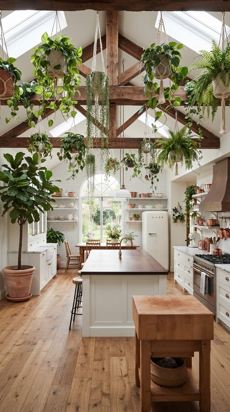 vaulted ceiling kitchen styled with hanging and potted plants