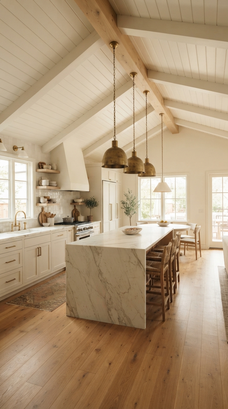 vaulted ceiling kitchen in a monochromatic white color palette