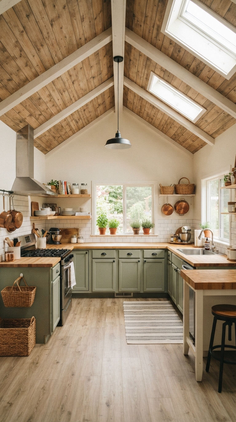 vaulted ceiling kitchen with budget peel-and-stick wood panels