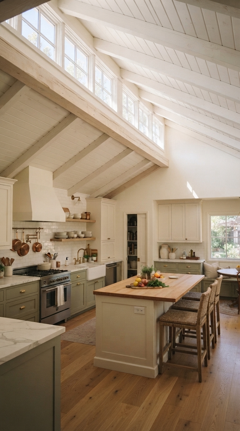vaulted ceiling kitchen with skylights and clerestory windows