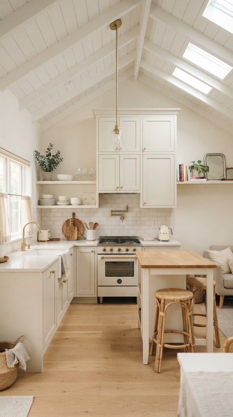 small kitchen with a vaulted ceiling and light color palette