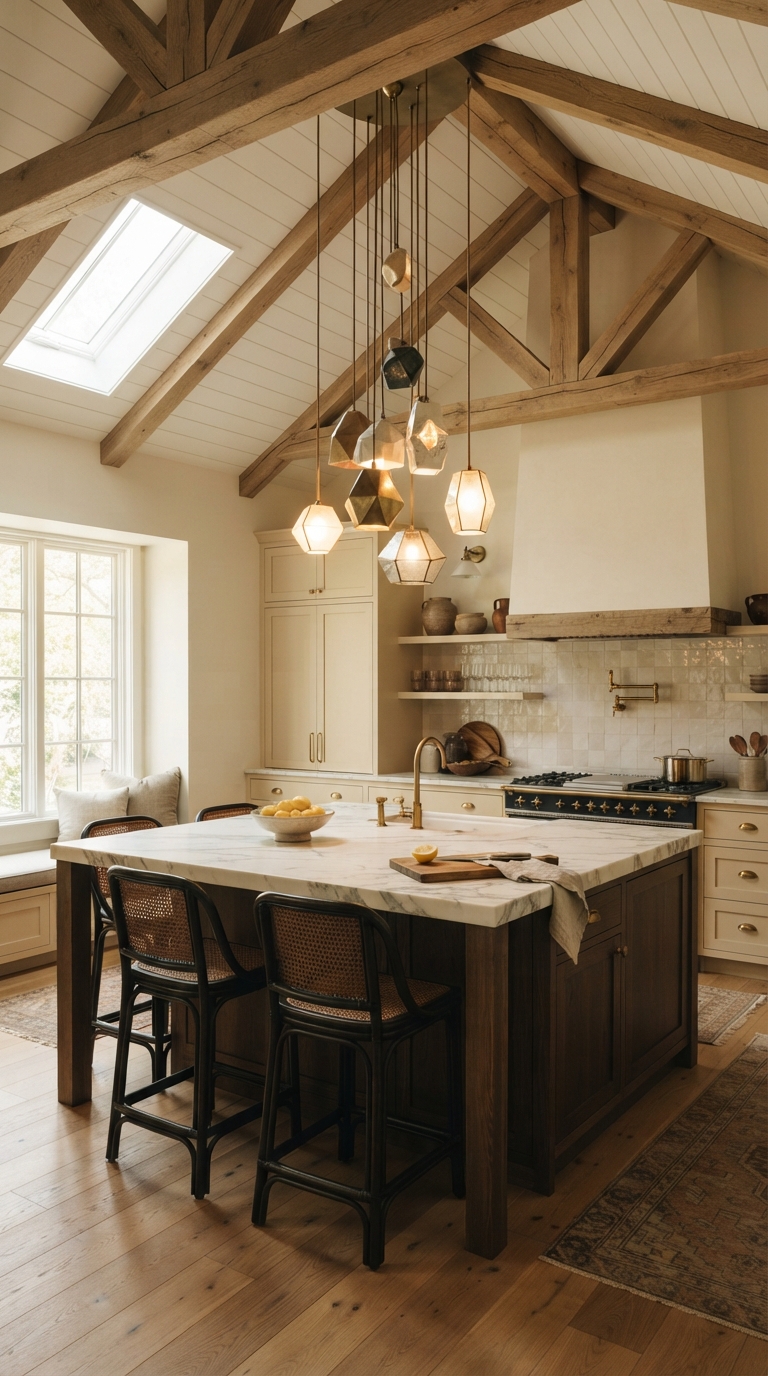 vaulted ceiling kitchen with oversized pendant lighting over the island