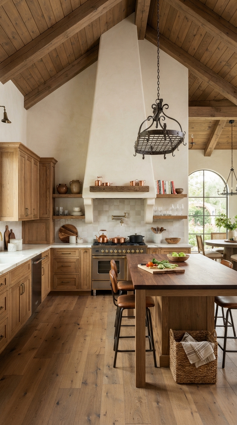 vaulted ceiling kitchen with a tall plaster range hood