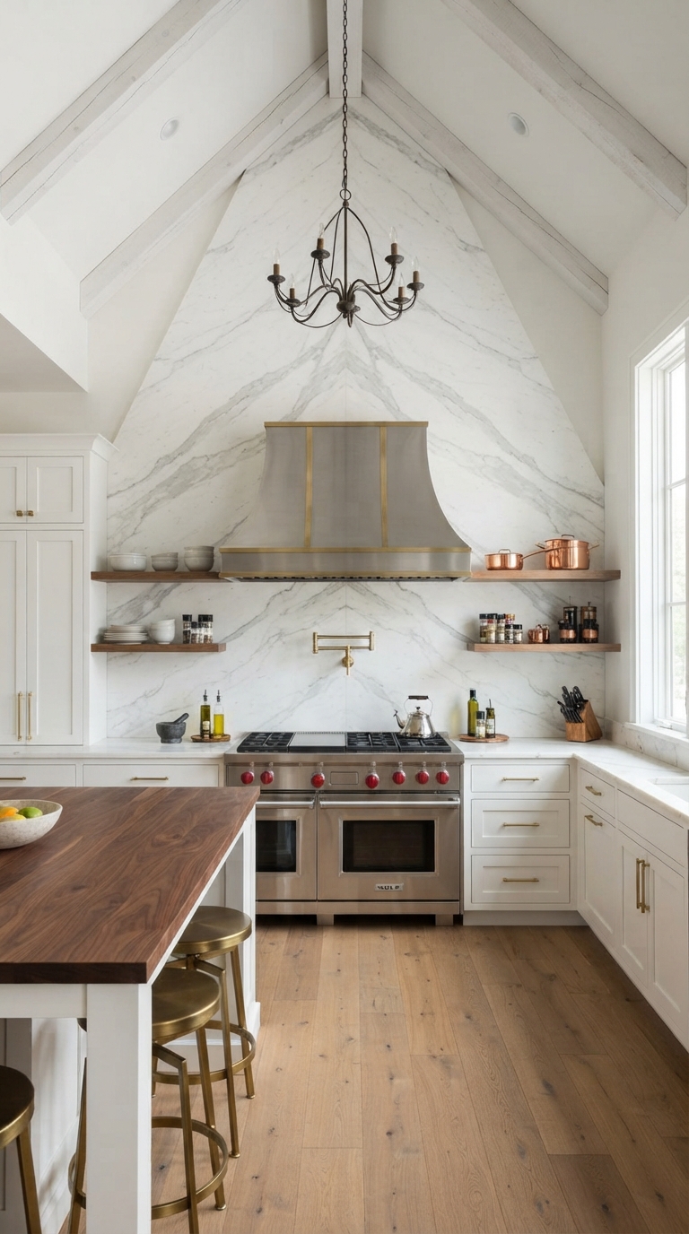 vaulted ceiling kitchen with tall backsplash reaching the ceiling peak