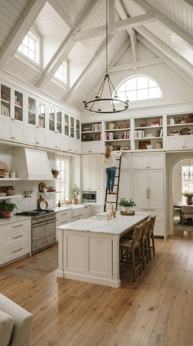 vaulted ceiling kitchen with floor-to-ceiling cabinetry