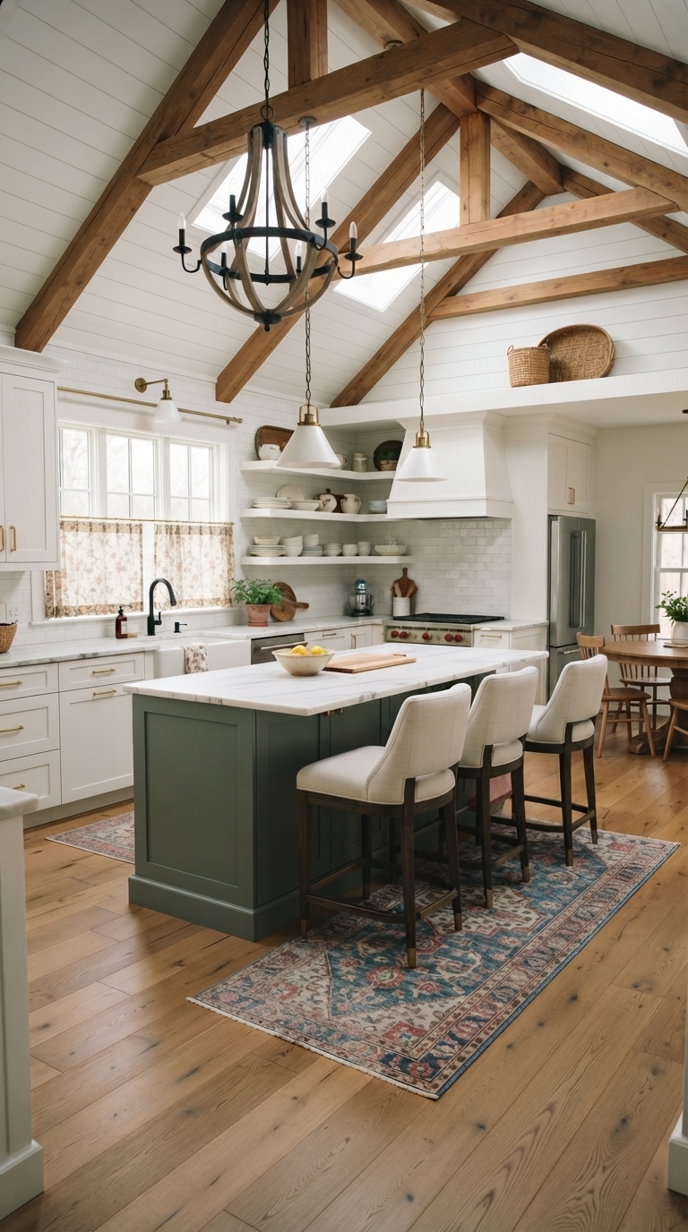 vaulted ceiling kitchen styled with rugs and textiles for acoustics