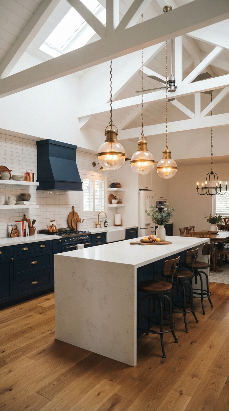vaulted ceiling kitchen with two-tone navy and white color scheme