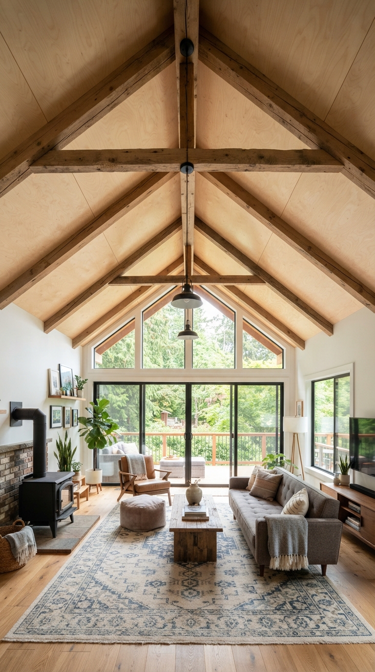 Vaulted plywood ceiling with exposed beams in living room