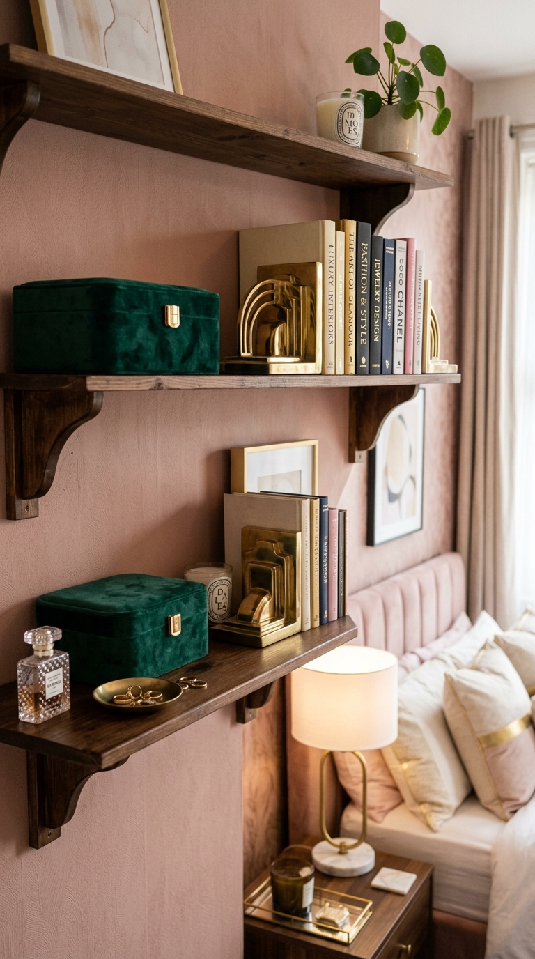 Velvet and brass accent styling on a glam bedroom shelf