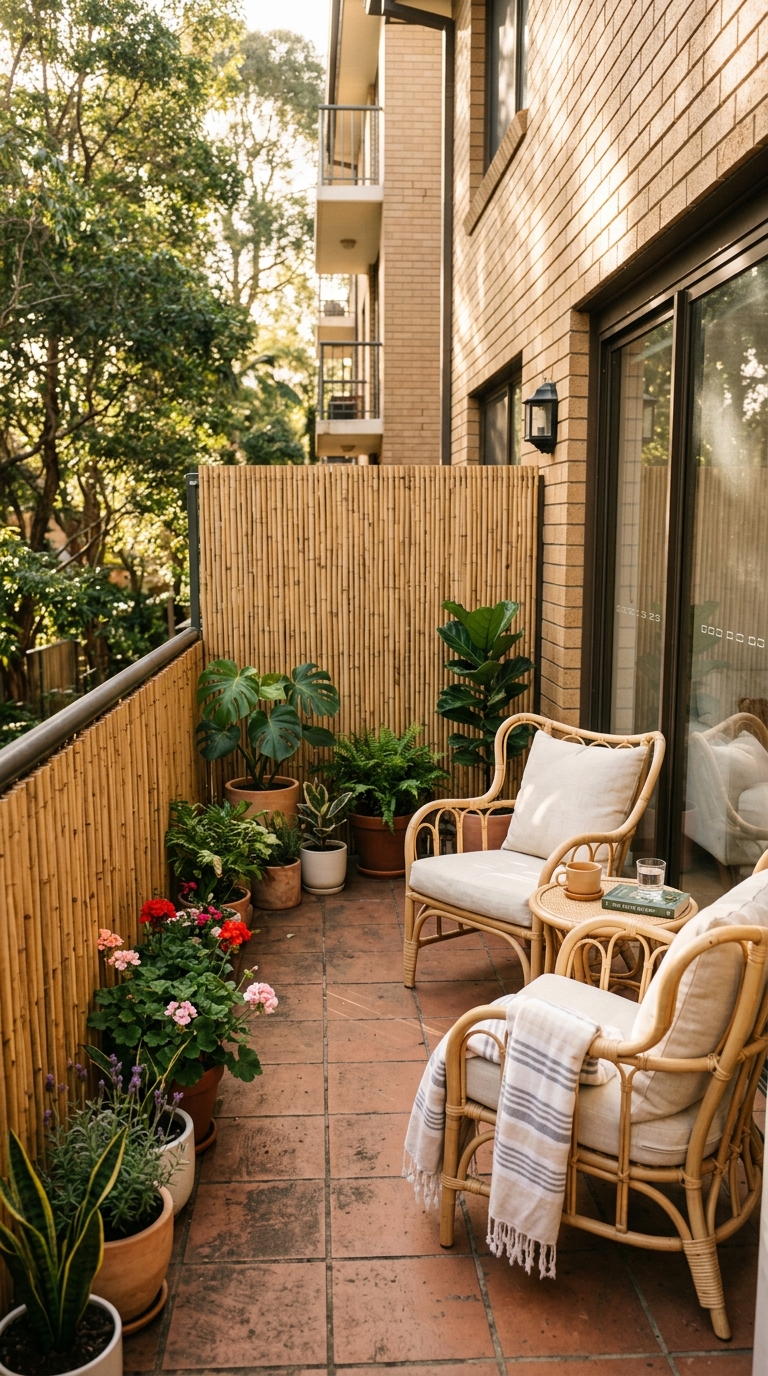 Vertical bamboo screen providing privacy and shade on a patio
