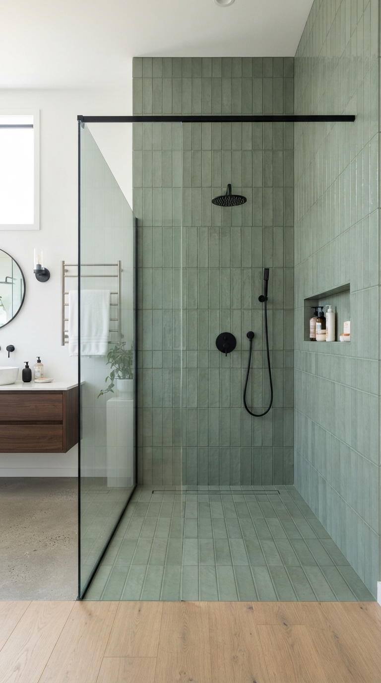 Vertical elongated tile wall creating a height illusion in a small bathroom