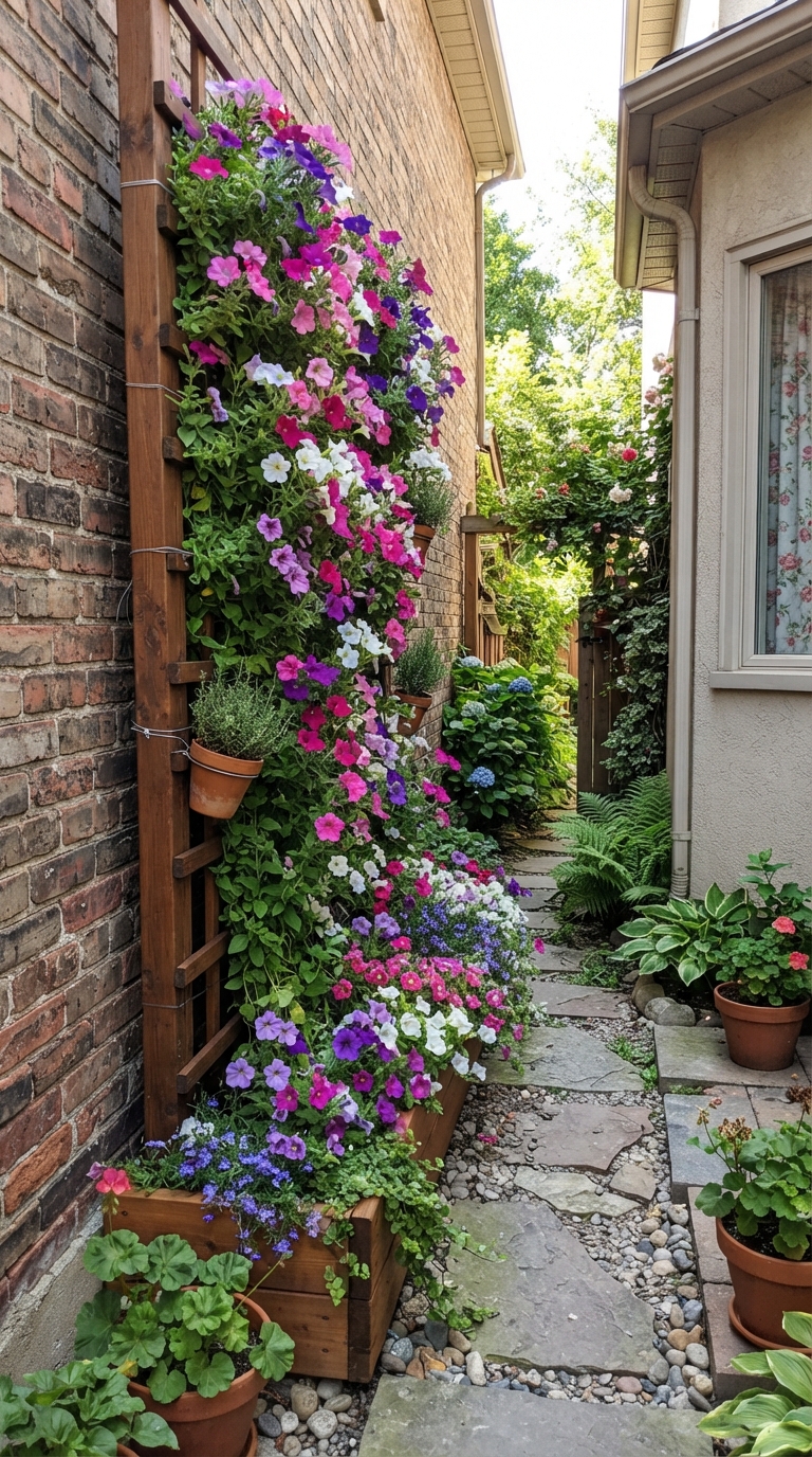 Small vertical flower bed in a narrow side yard with a trellis