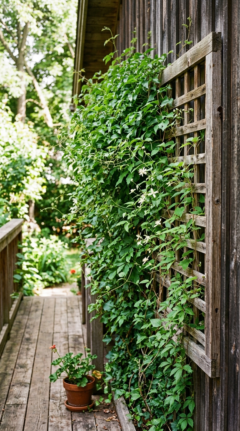 Vertical trellis garden with climbing vines beside deck