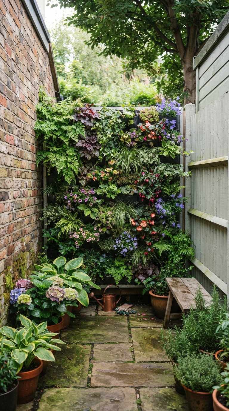 Vertical garden wall installed in a narrow backyard corner