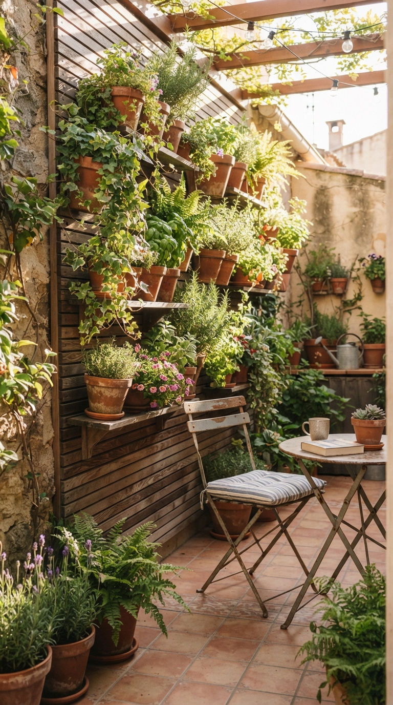 Vertical wall garden with terracotta pots on a small patio