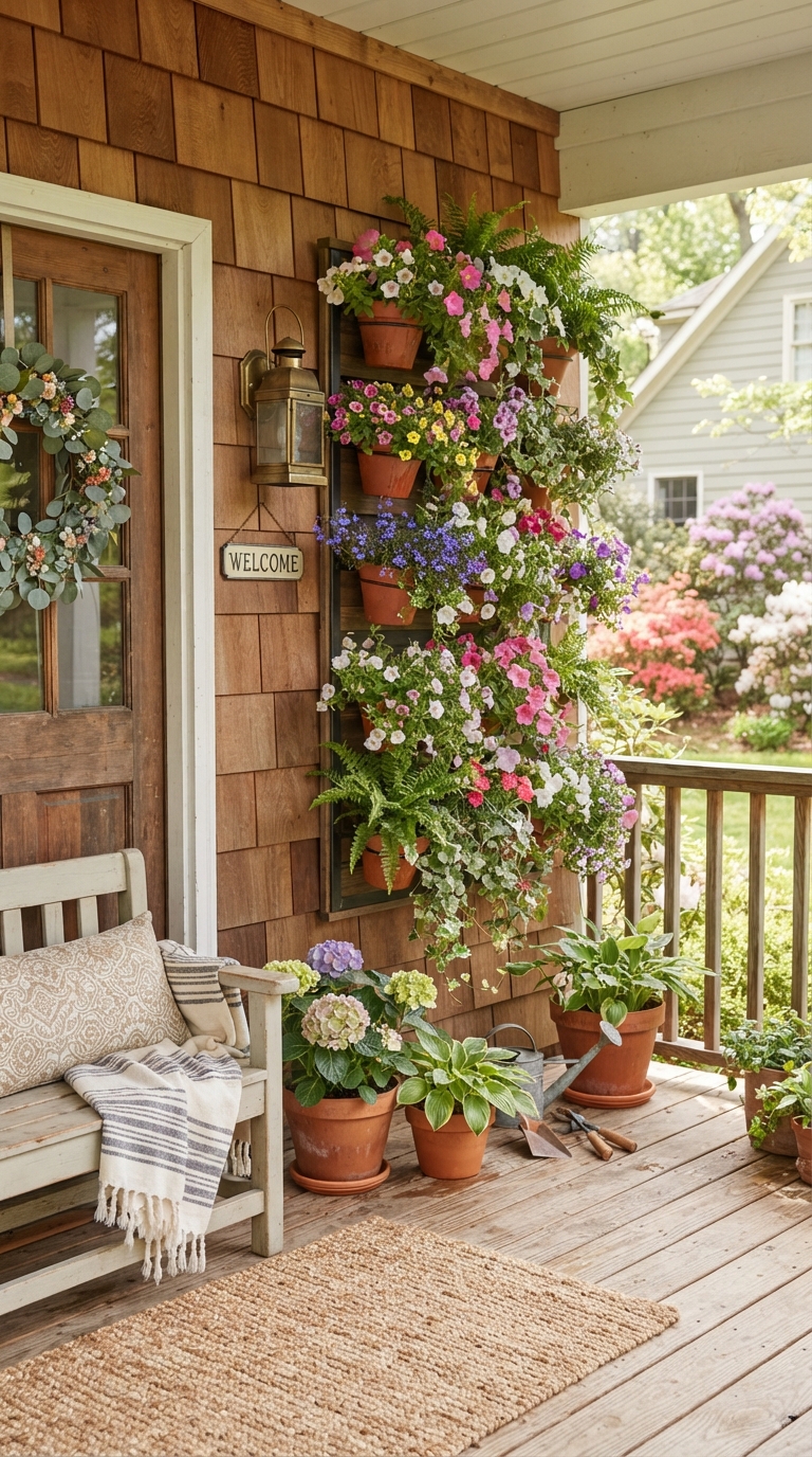 Vertical wall planter with trailing spring flowers on a small porch