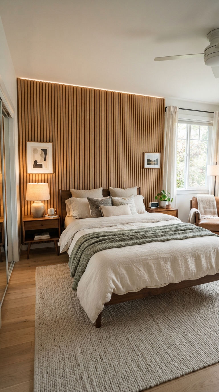 Vertical wood slat ceiling accent above a bedroom headboard