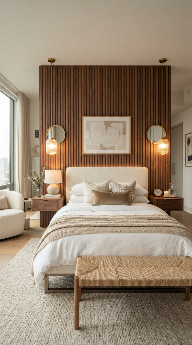 Vertical wood slat accent wall in a modern luxury bedroom