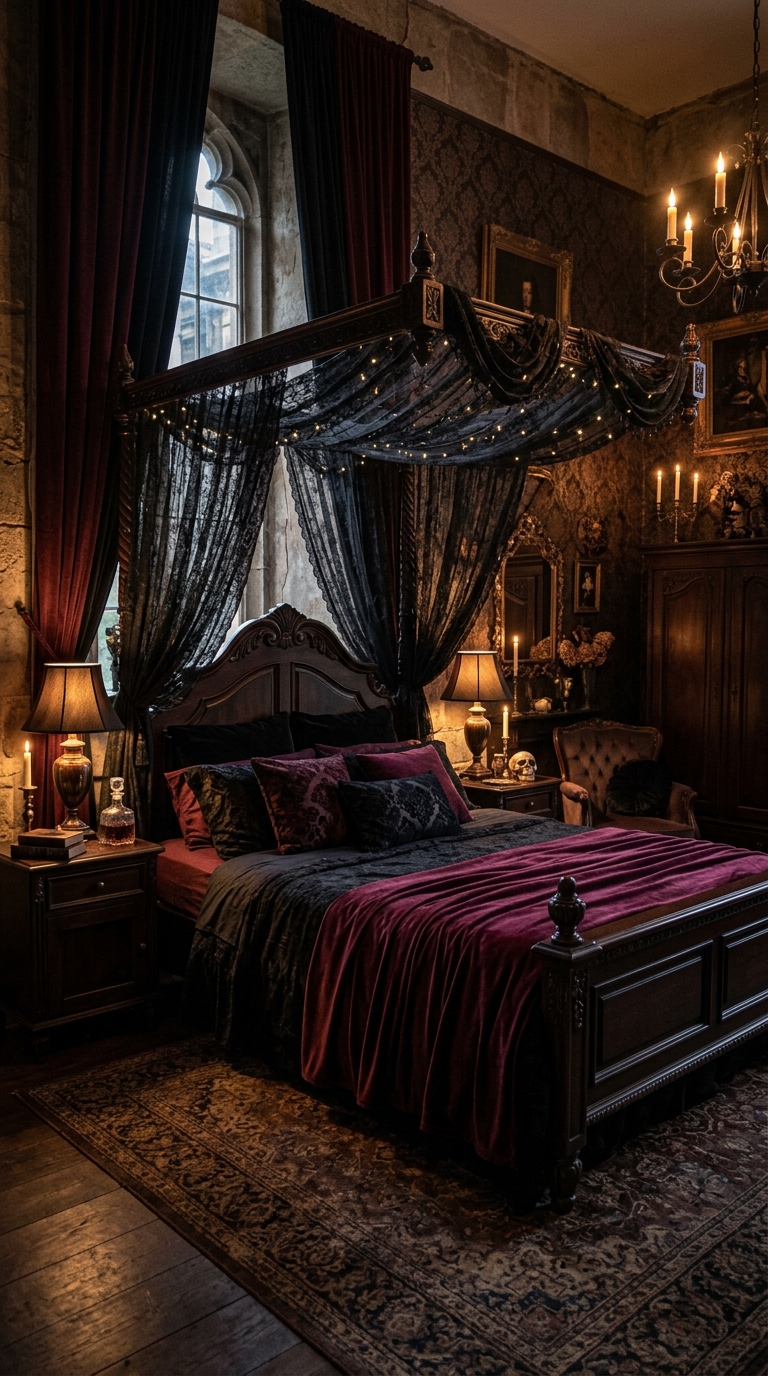 Victorian canopy bed with lace drapery in a romantic gothic bedroom