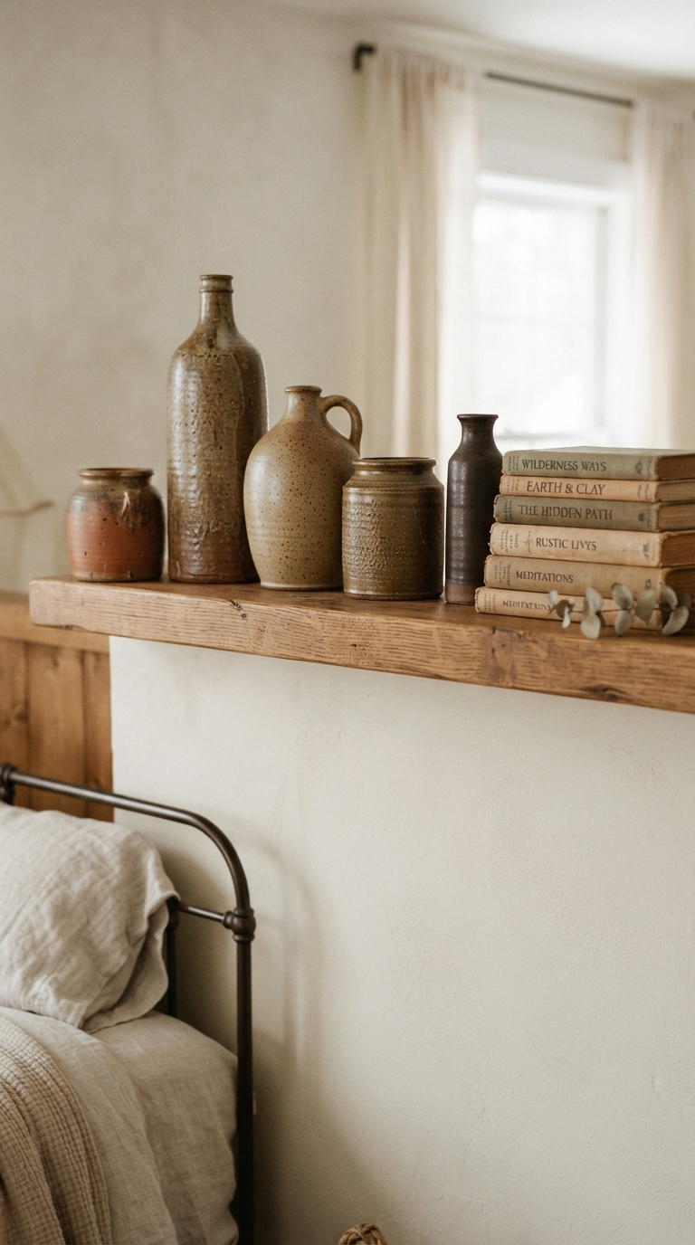 Vintage ceramic vessels styled on a boho bedroom shelf
