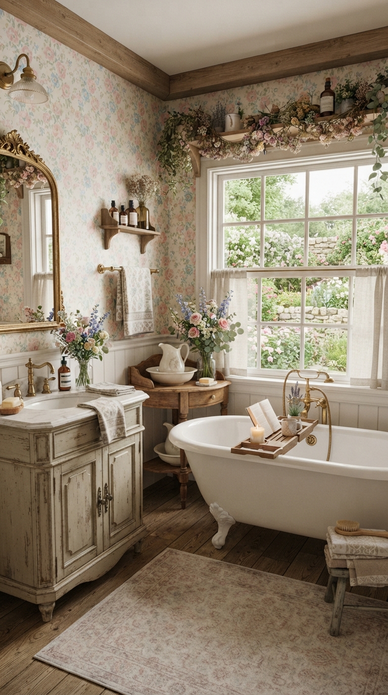 Vintage cottagecore Bloxburg bathroom with clawfoot tub and floral wallpaper.