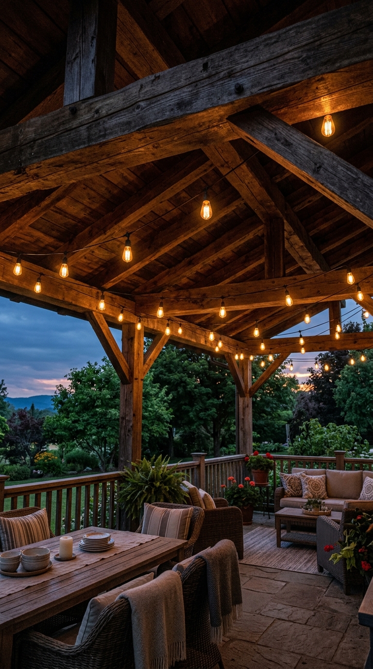 Vintage Edison bulb lights strung along wooden beams on a covered patio