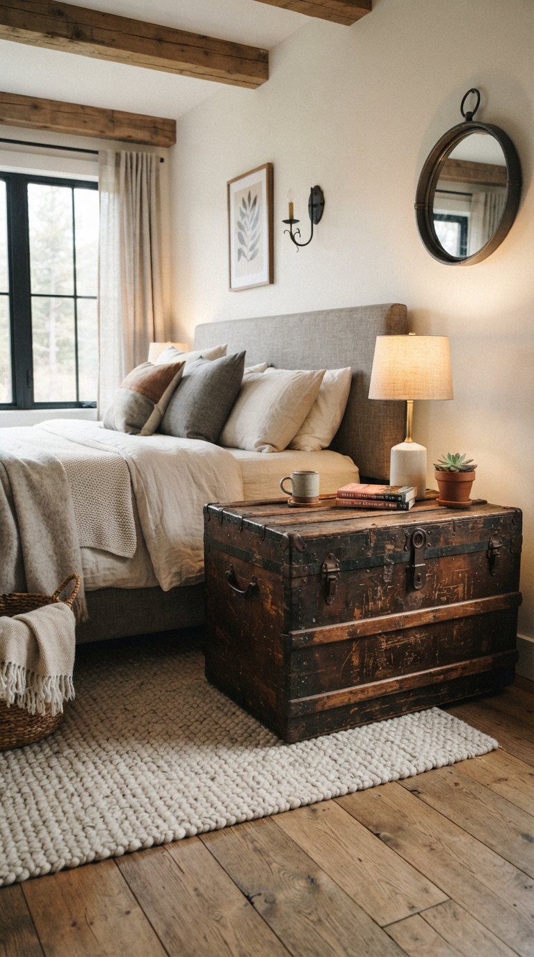 Antique wood chest styled as a nightstand in a rustic bedroom