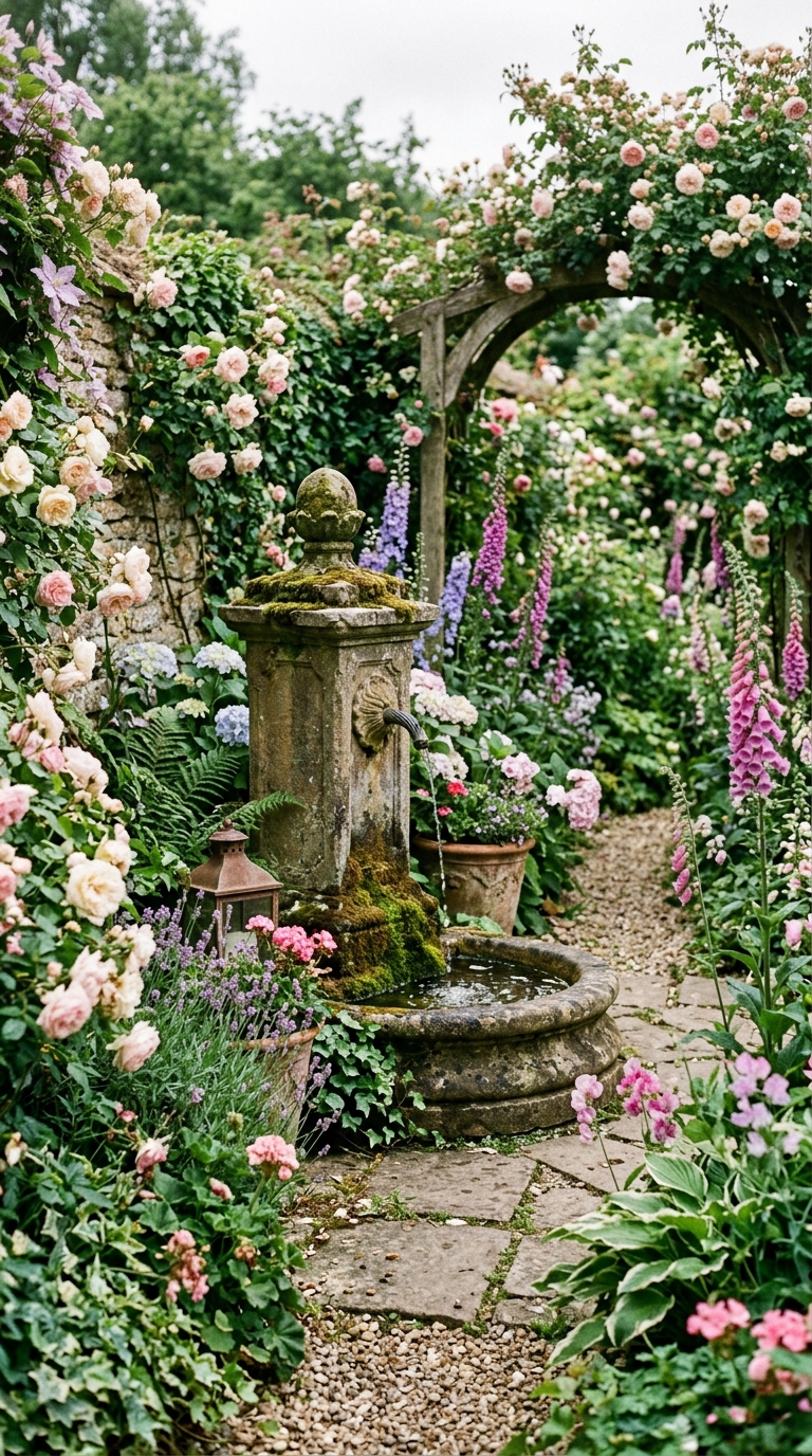 Vintage water feature in a romantic English garden backyard corner