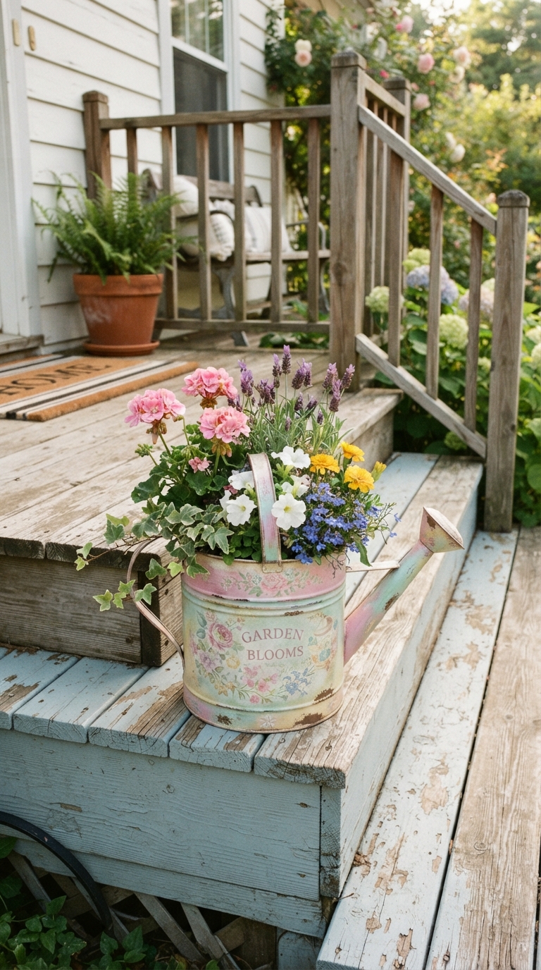 Vintage watering can repurposed as a pastel planter on a spring porch