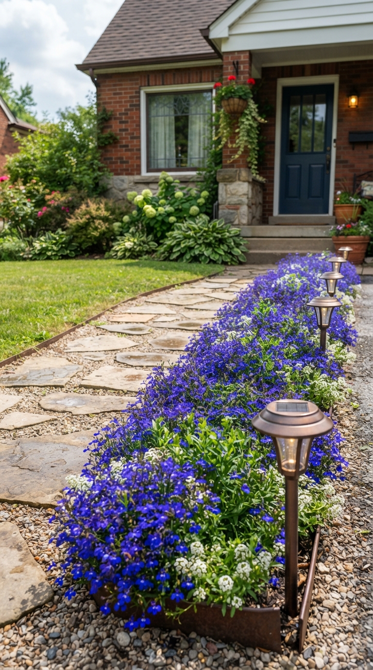 Small flower bed border along a front walkway with lobelia