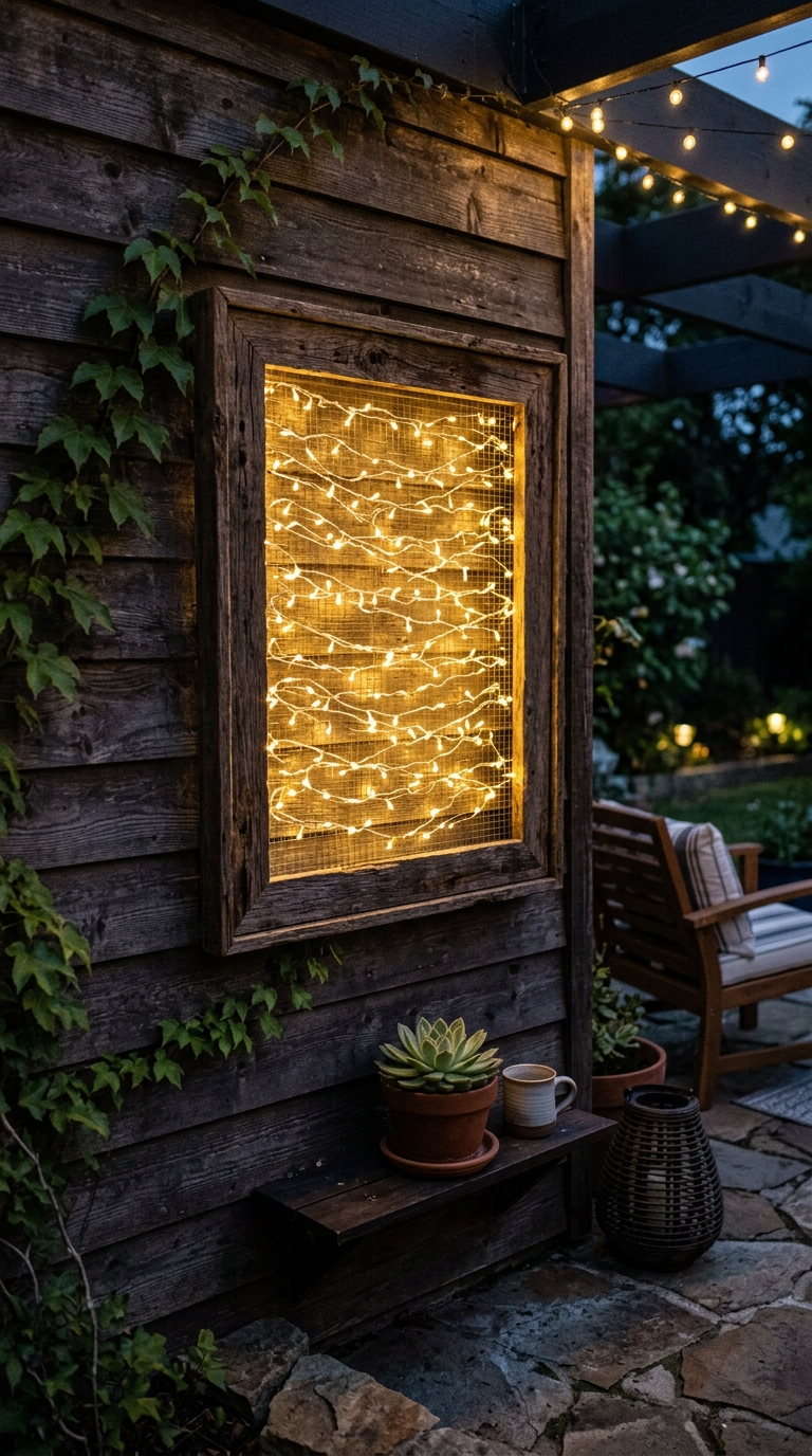 Fairy lights arranged inside a wooden frame mounted on a patio wall