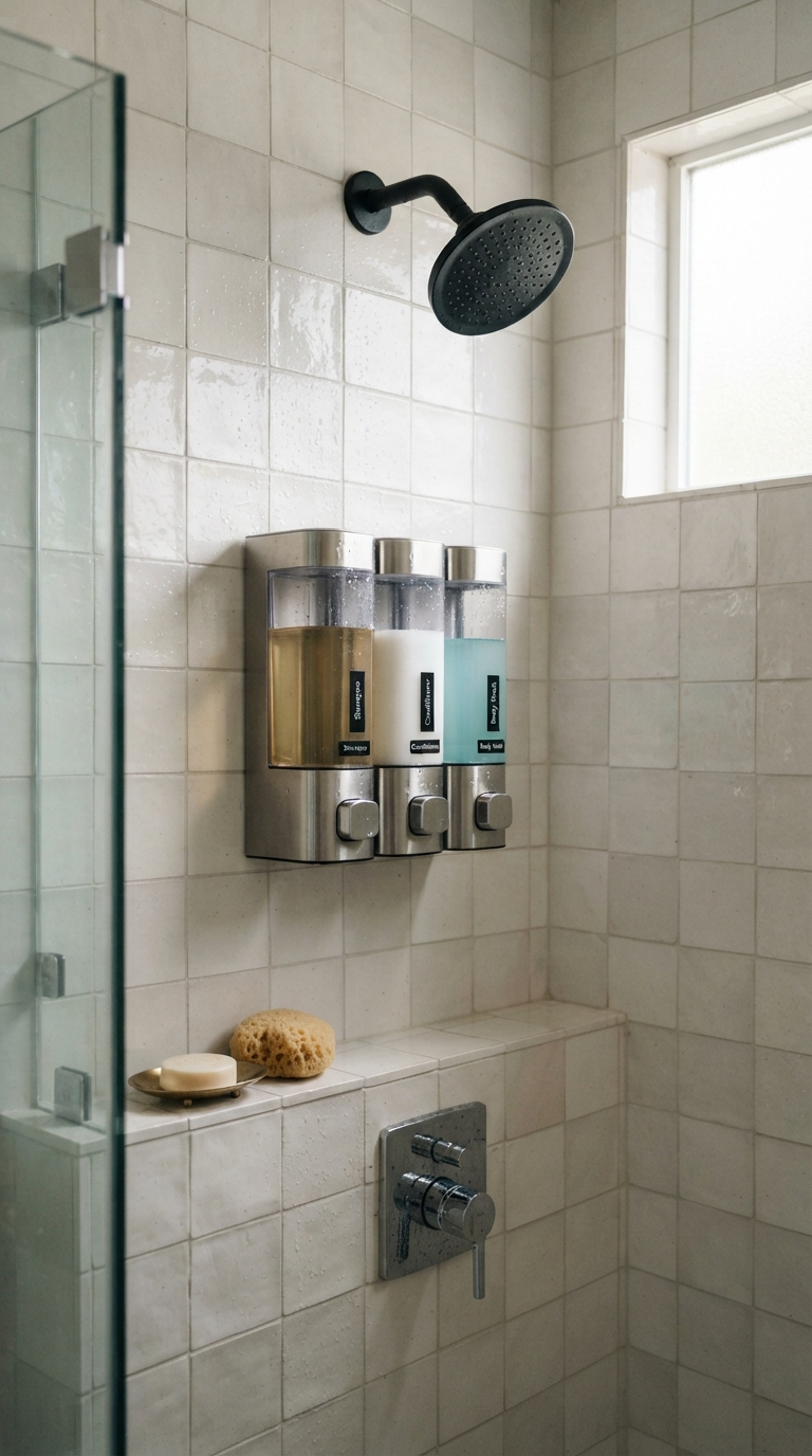 Wall-mounted shower dispenser system for a clutter-free minimalist look