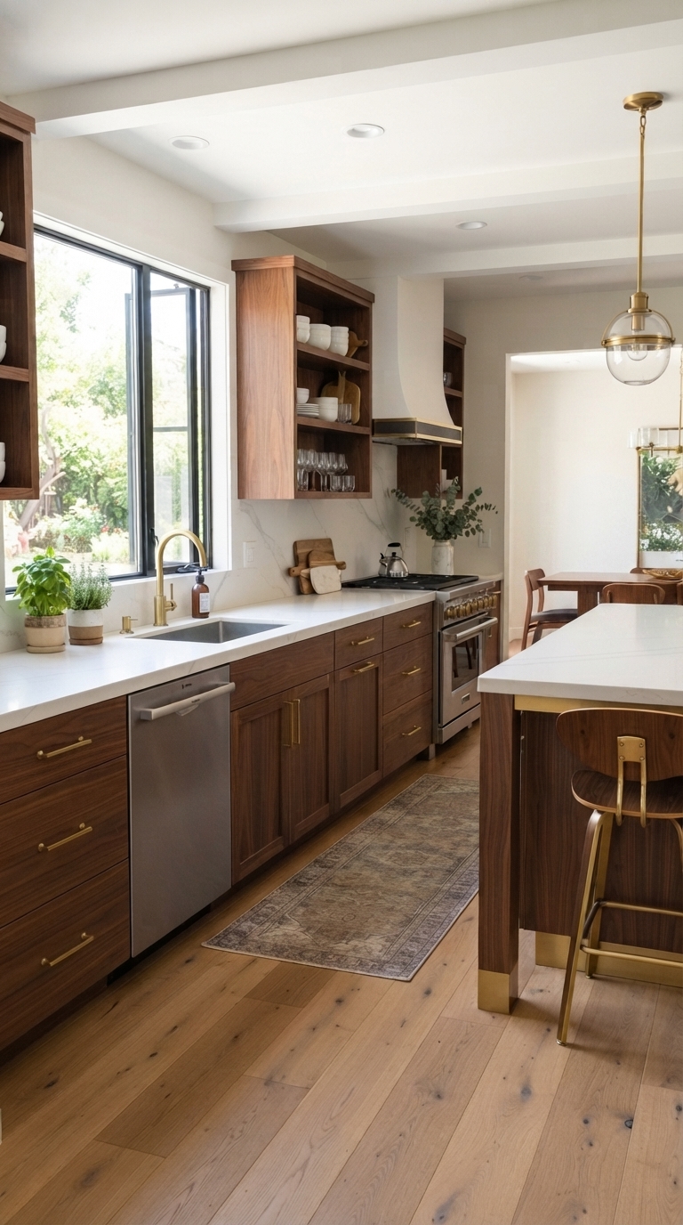 Walnut kitchen cabinets paired with white quartz countertops for warm contrast