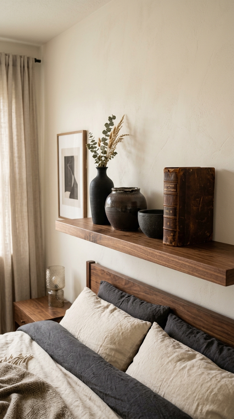 Walnut wood shelf styled with a dark moody palette