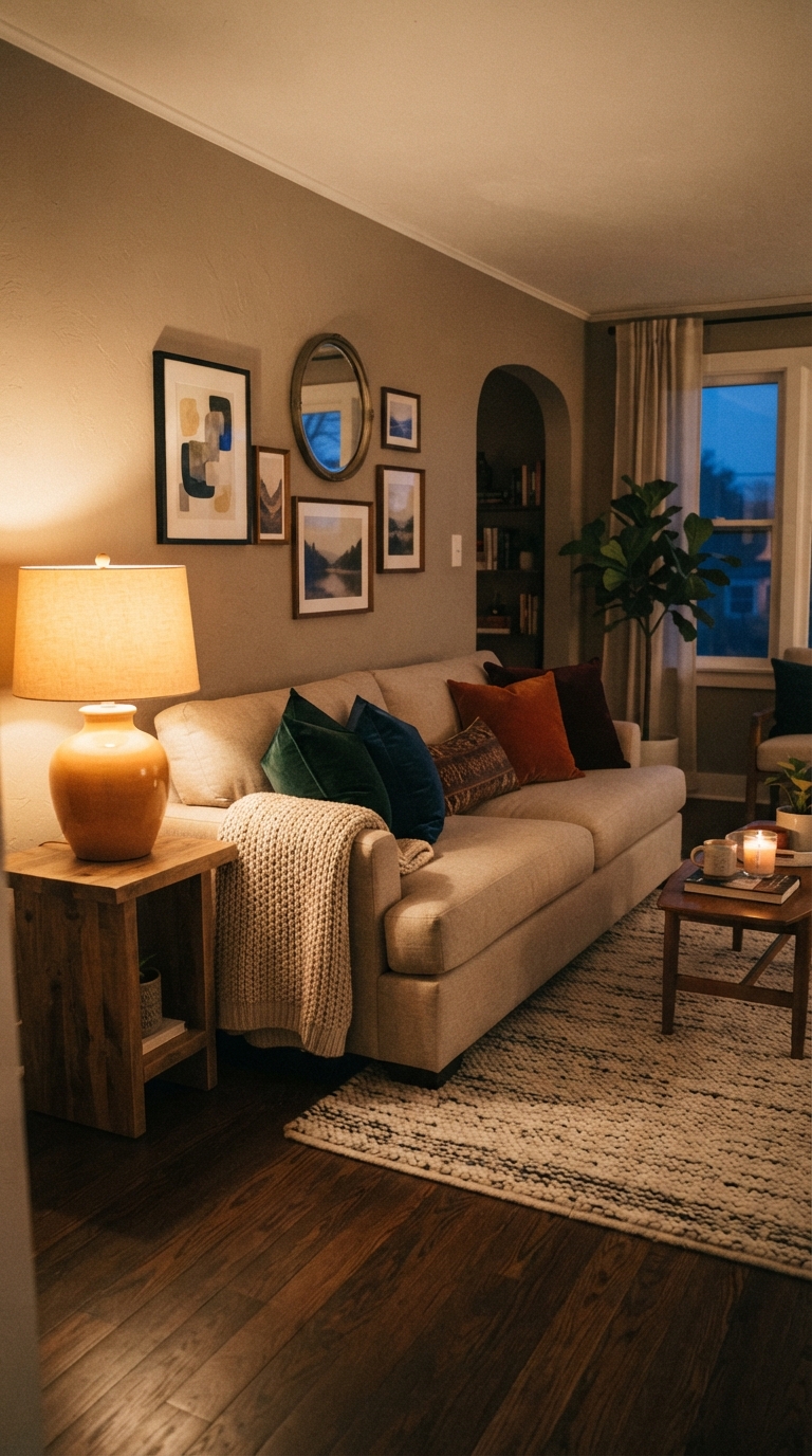 Cozy living room with warm amber lighting and velvet pillows