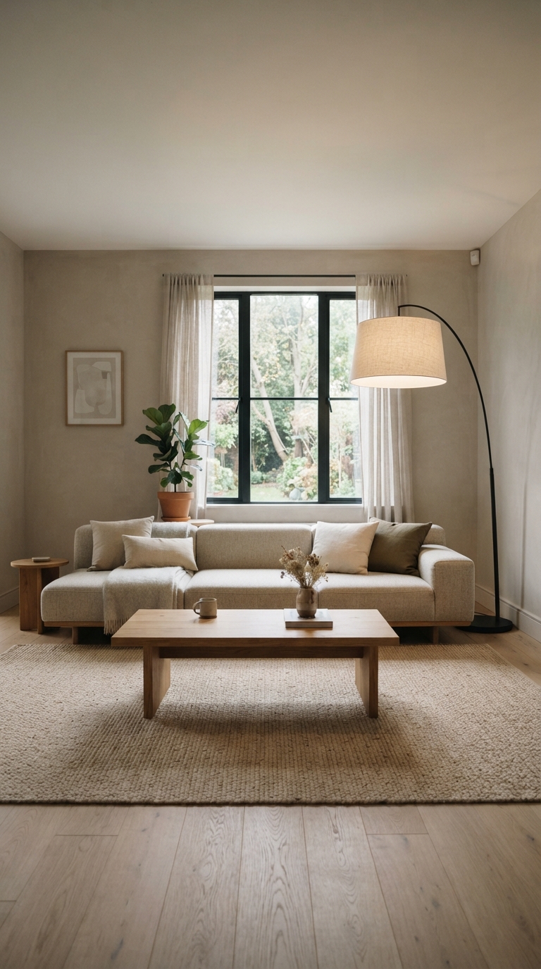 Warm greige minimalist living room with low-profile sofa and wood coffee table