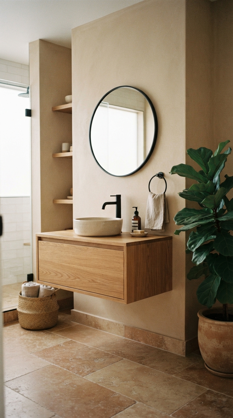 Warm minimalist aesthetic bathroom with floating vanity and matte black fixtures