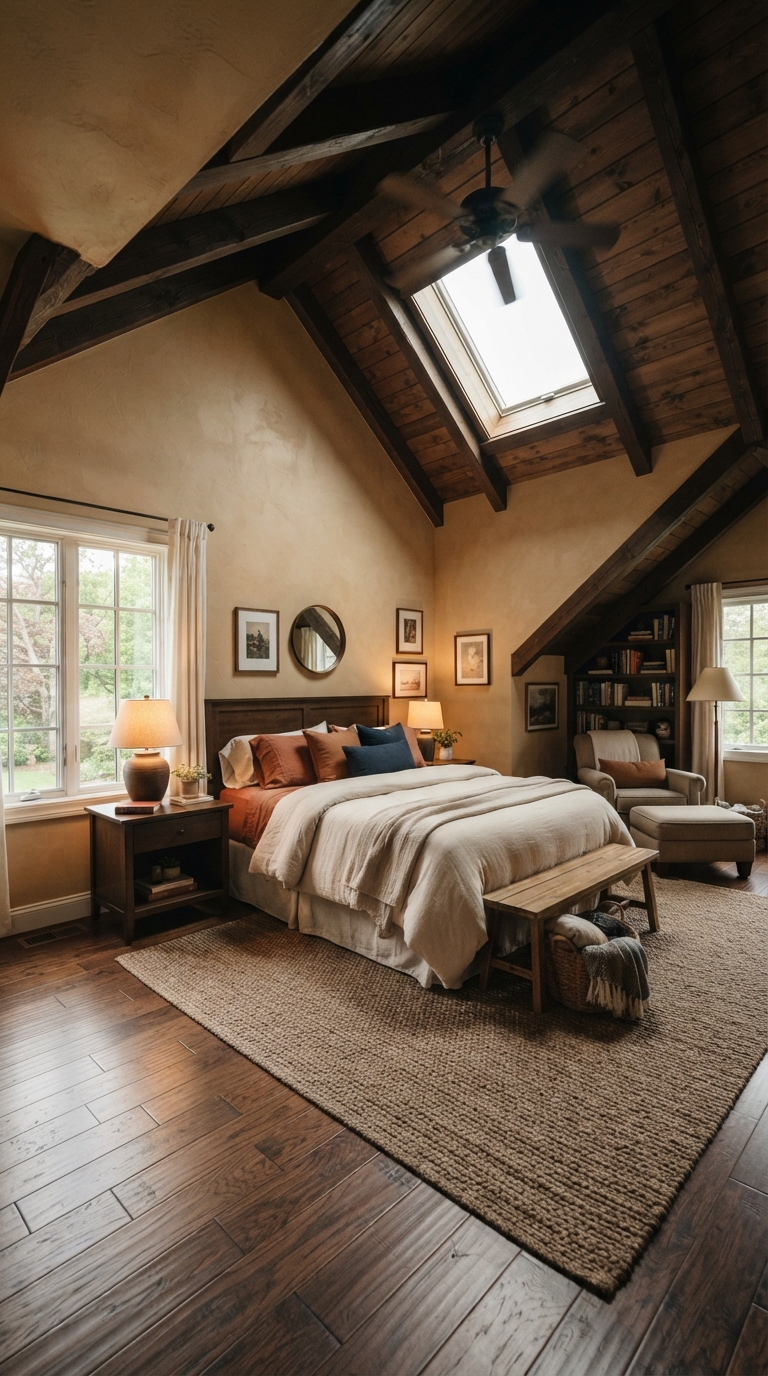 Bedroom with vaulted slanted ceiling and warm tan accent walls