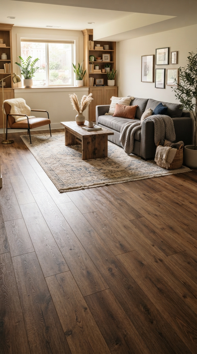 Warm wood-look vinyl plank flooring in a finished basement
