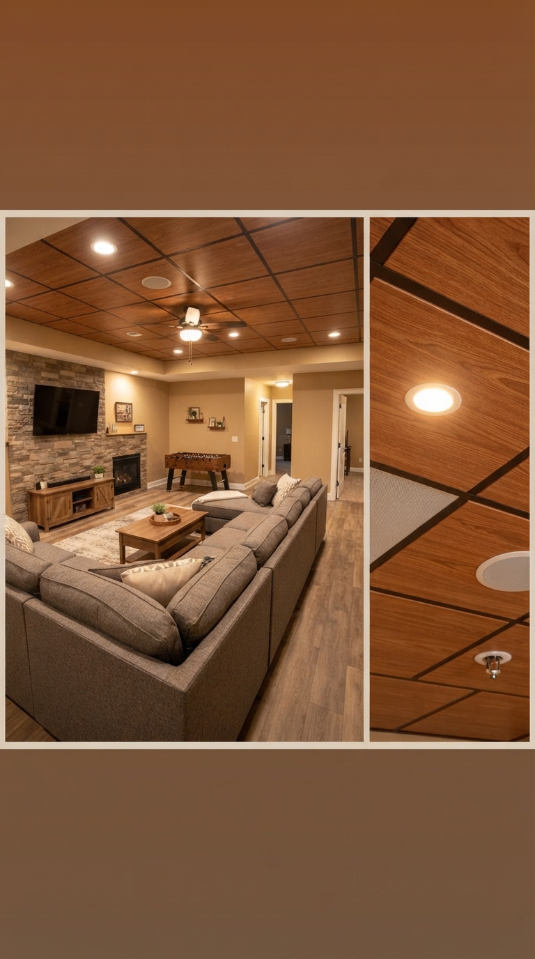 Warm wood-tone drop ceiling tiles in a finished basement