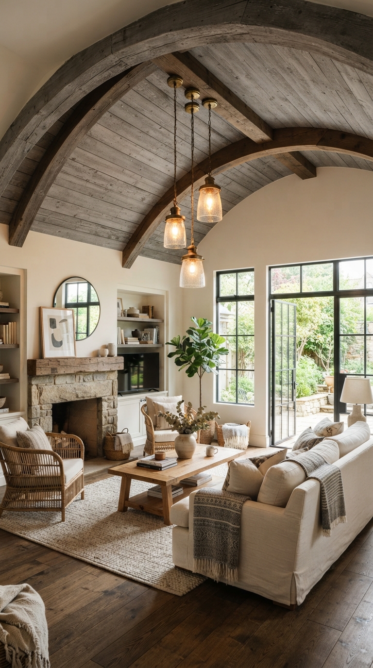 Weathered grey distressed wood ceiling over an arched living room