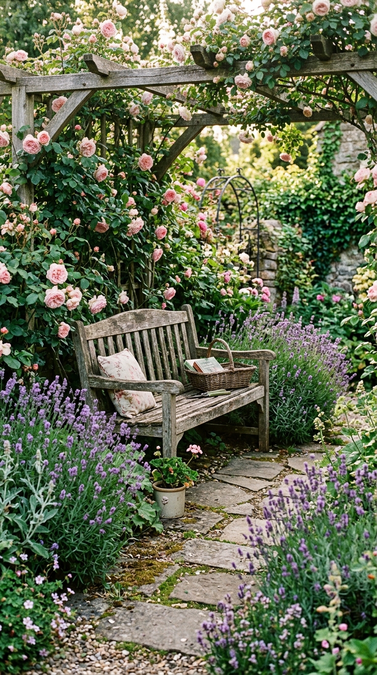 Weathered wooden bench nook in a romantic English garden backyard
