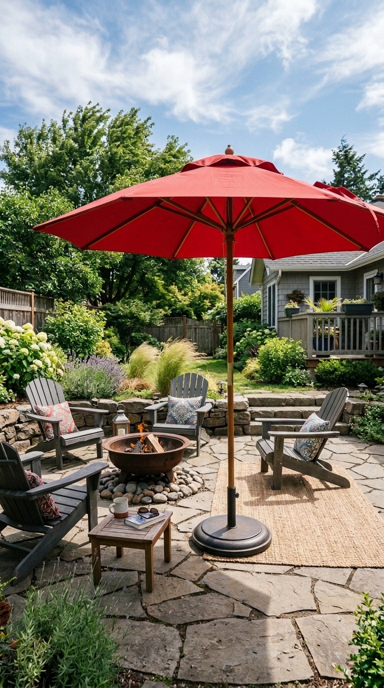 Weighted red market umbrella on a windy exposed patio