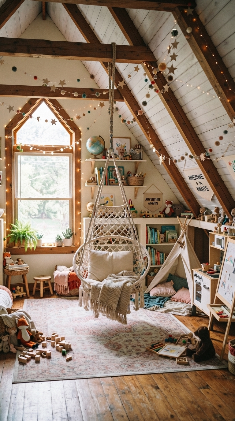 Attic playroom with hanging chair under a slanted ceiling