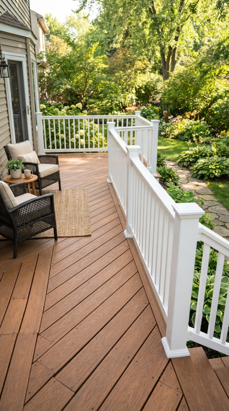 White composite deck railing offering a crisp low-maintenance border