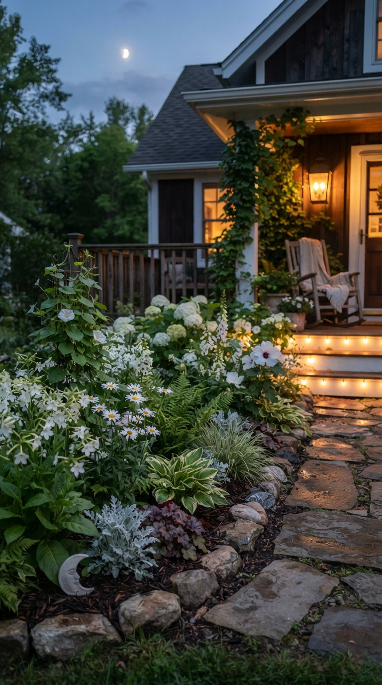 Small white and green moon garden flower bed near a front porch