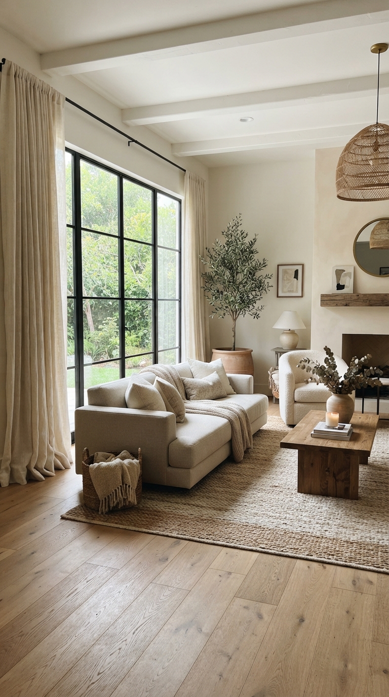 Neutral living room with white oak floors and cream linen curtains