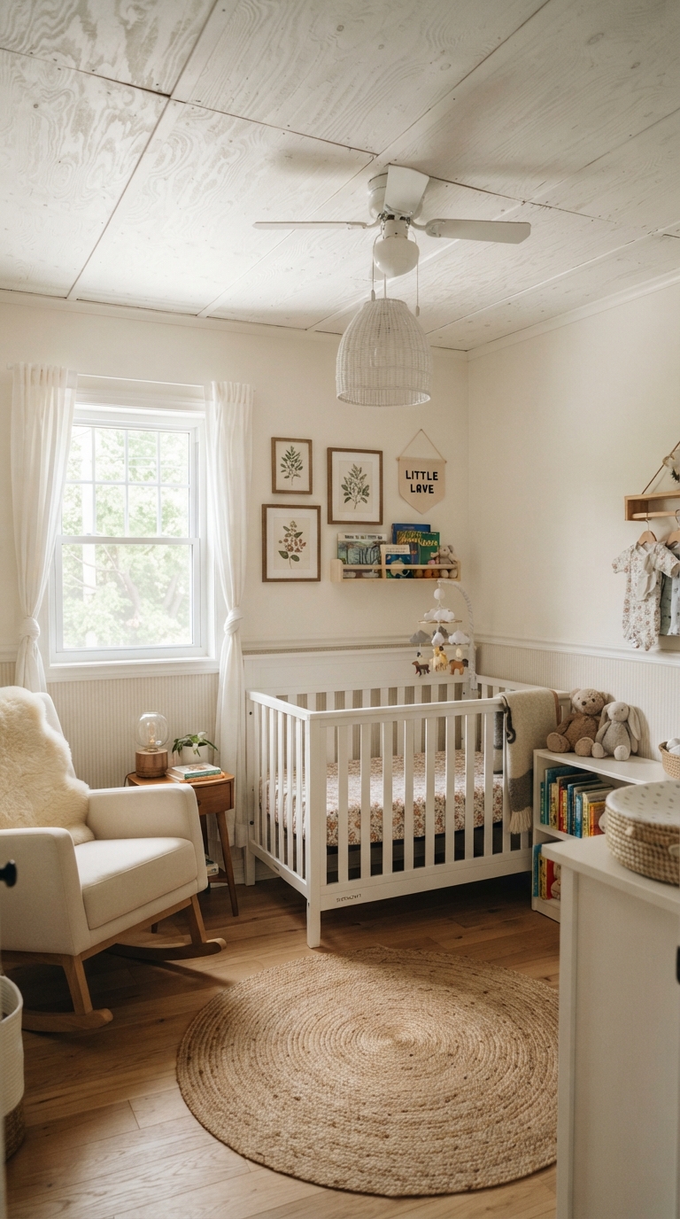 Bright white painted plywood ceiling in a nursery