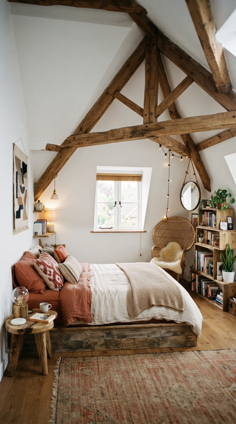 Slanted bedroom ceiling painted white with exposed wood beam contrast